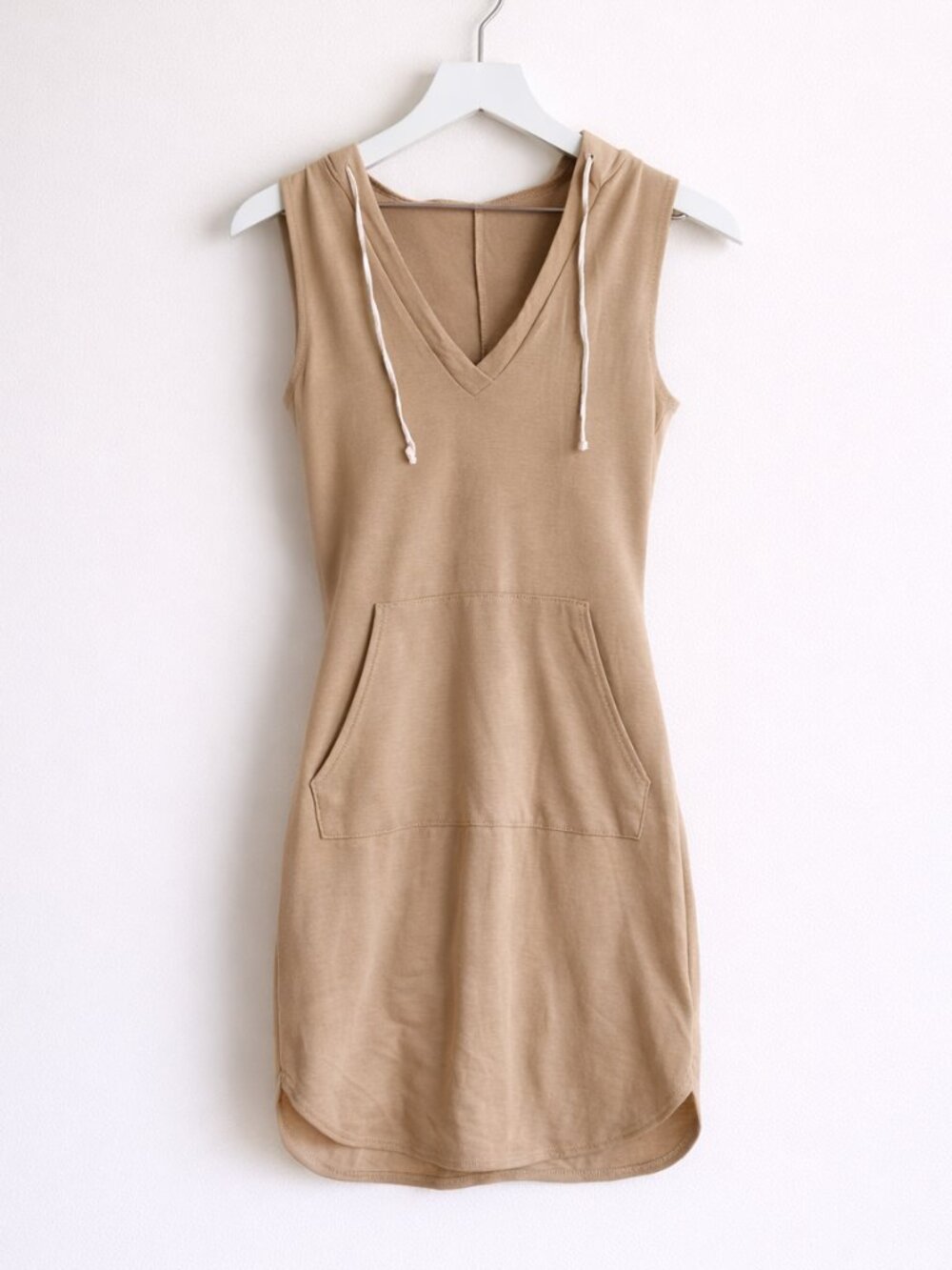 Light Tan Hooded Knit V Neck Sleeveless Mini Dress
